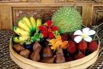 Bowl of tropical Fruits like Durian, Salak and Rambutan