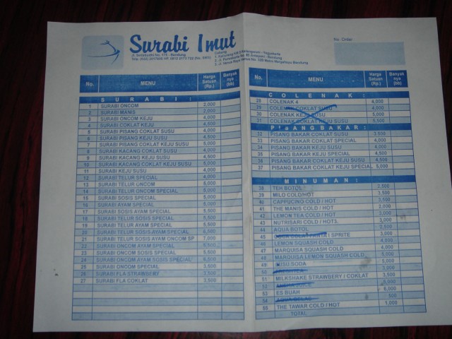 The menu for the famour "Surabi" - you choose your own topping, from traditional flavour to chocolate and strawberry. 