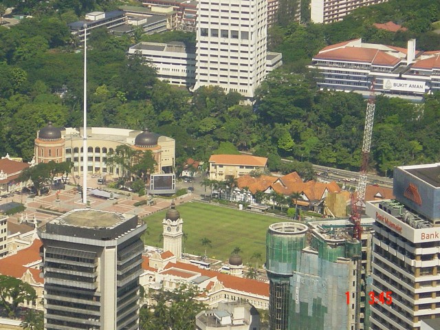 The world's tallest flagpole to the LHS with the the Dataran Merdeka (or Independence Square) - formerly known as 'Selangor Turf Club' in the middle of the photo.