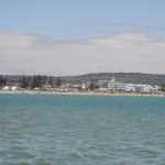 View from the restaurant looking across the bay towards the hotel-shoreline.