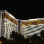 Looking at the Mirage building at night.