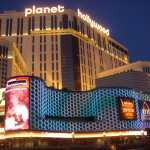 Looking back towards the Planet Hollywood and its illumination 
